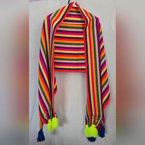 VINTAGE MEXICAN REBOZO SHAWL. MULTI-COLORED STRIPES. WOVEN.